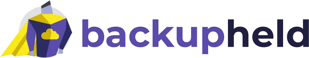 Backupheld CyberFit Logo mit gelben und blauen Farben, das Cloud-Backup und Cyber-Sicherheit symbolisiert.