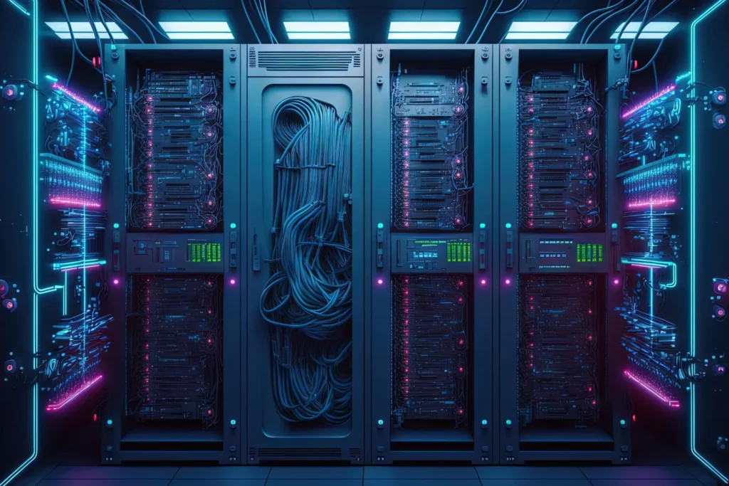 Serverraum mit mehreren Server-Racks, Kabeln und LED-Anzeigen in blauer Beleuchtung.