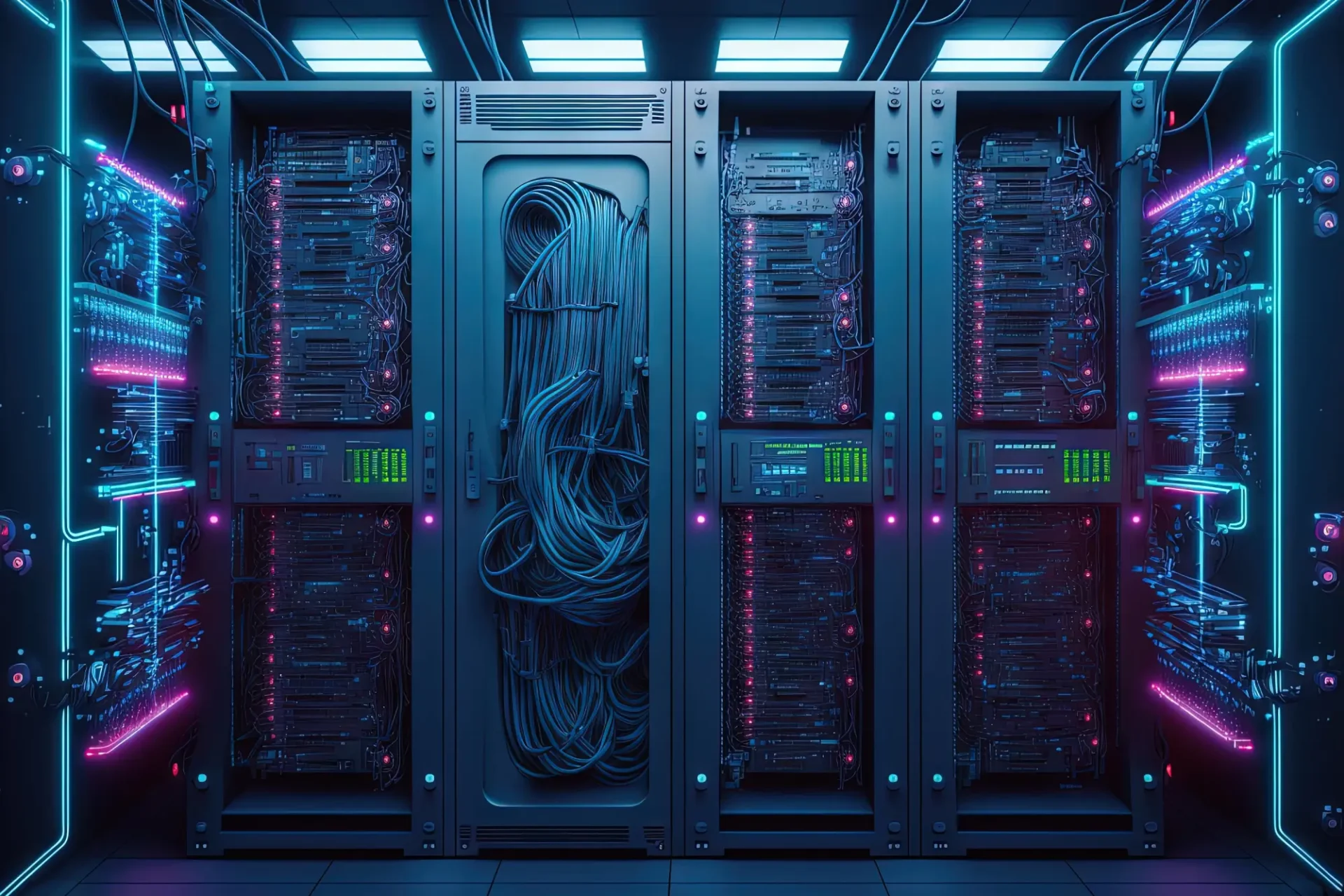 Serverraum mit mehreren Server-Racks, Kabeln und LED-Anzeigen in blauer Beleuchtung.
