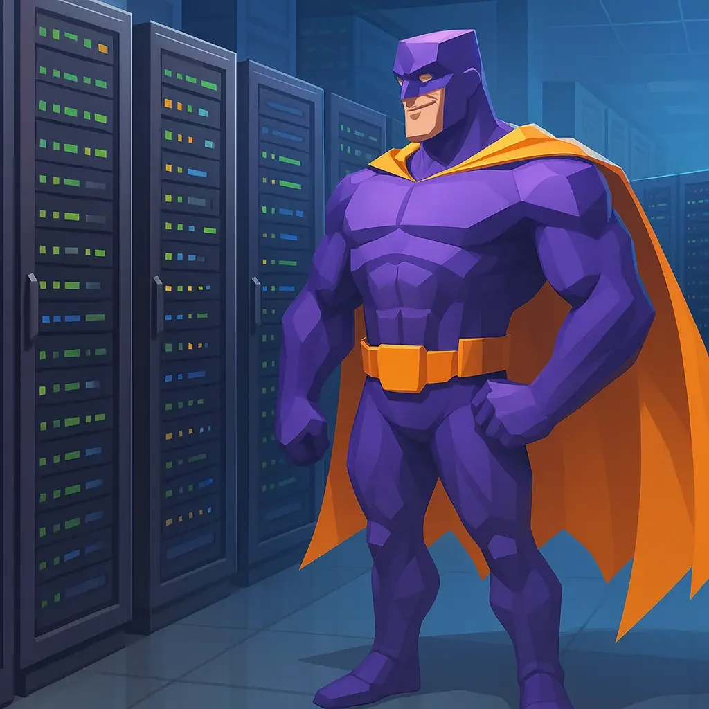 Ein stilisierter Superheld in lila Kostüm mit orangefarbenem Umhang steht vor Server-Racks in einem Rechenzentrum.