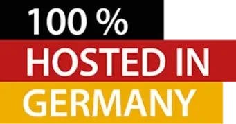 Grafik mit dem Text '100 % HOSTED IN GERMANY' in rot, schwarz und gelb.