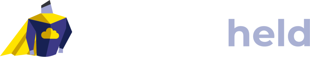 Logo von backupheld GmbH mit einem stilisierten Superhelden in Blau und Gelb, der eine Wolke darstellt.