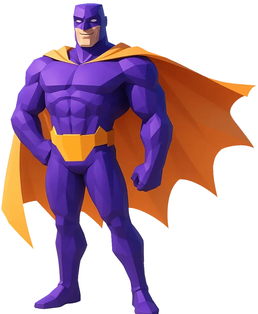 Maskottchen in lila und orange mit Umhang und muskulösem Körper, steht in einer heroischen Pose.