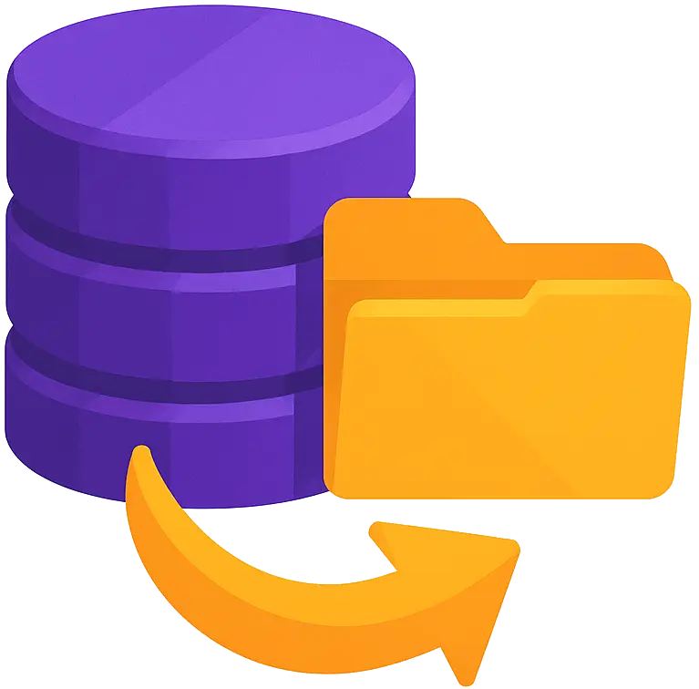 Grafik eines Datenbank-Symbols mit einem Ordner und einem Pfeil, der den Datenfluss darstellt.