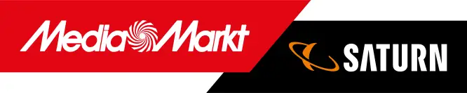 Logo von MediaMarkt und Saturn auf einem roten und schwarzen Hintergrund.