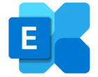 Logo von Microsoft Exchange 2019 mit stilisierten blauen Elementen und dem Buchstaben E.