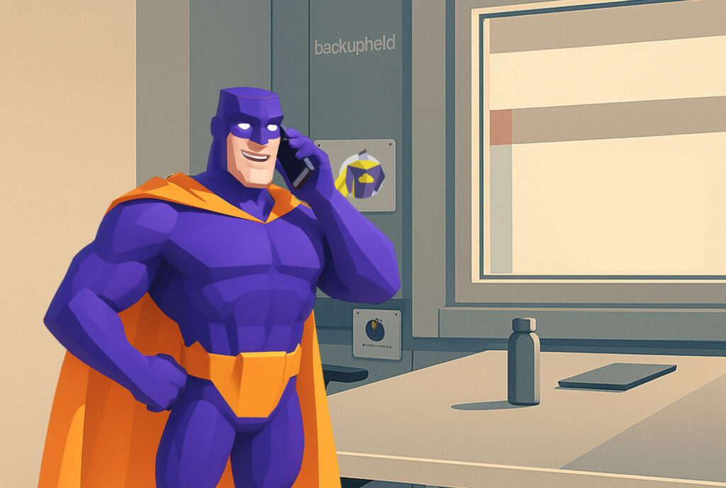 Comicfigur in lila Kostüm mit orangefarbenem Umhang, telefonierend in einem modernen Büro.