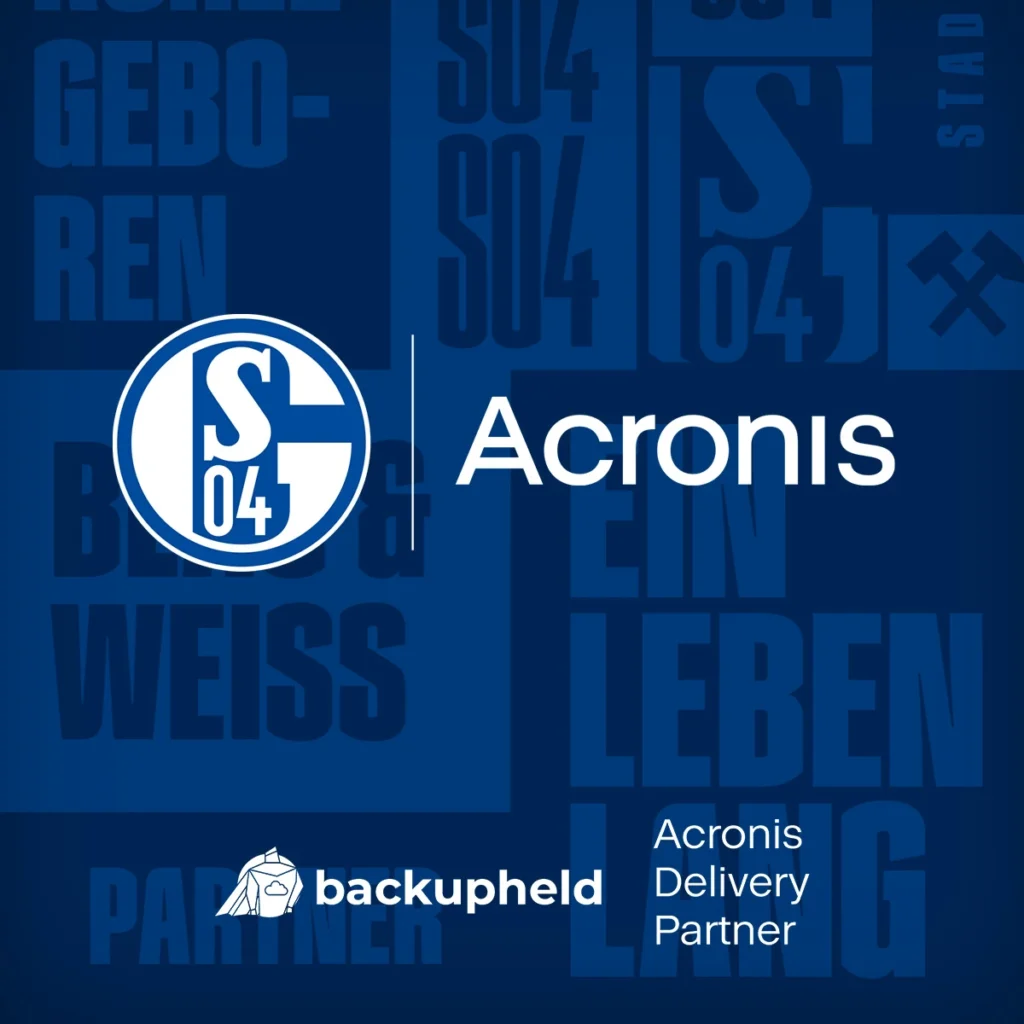 Logo von Acronis und backupheld GmbH als Acronis Delivery Partner auf blauem Hintergrund.
