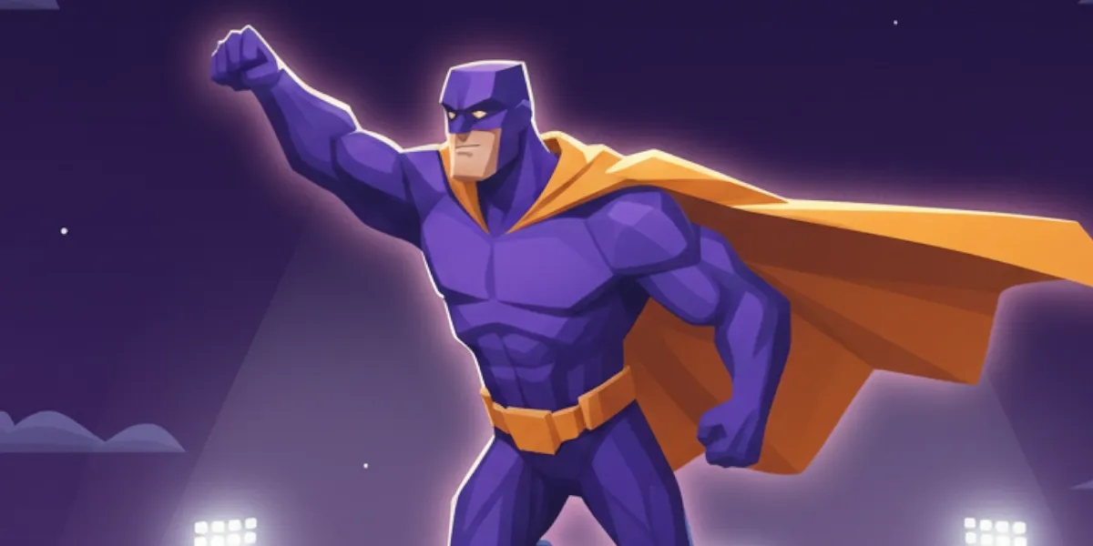 Ein stilisierter Superheld mit lila Anzug und orangefarbener Umhang, der in einer dynamischen Pose steht.