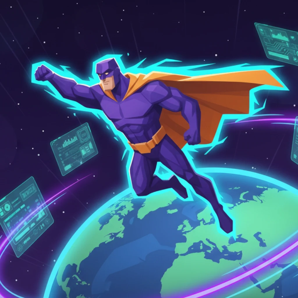 Ein Superheld in lila Kostüm mit Umhang, der über eine stilisierte Erde fliegt, umgeben von digitalen Grafiken.