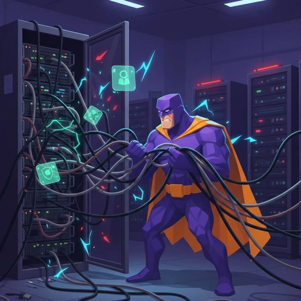 Ein superheldenähnlicher Charakter in lila Kostüm kämpft mit Kabeln in einem Serverraum.