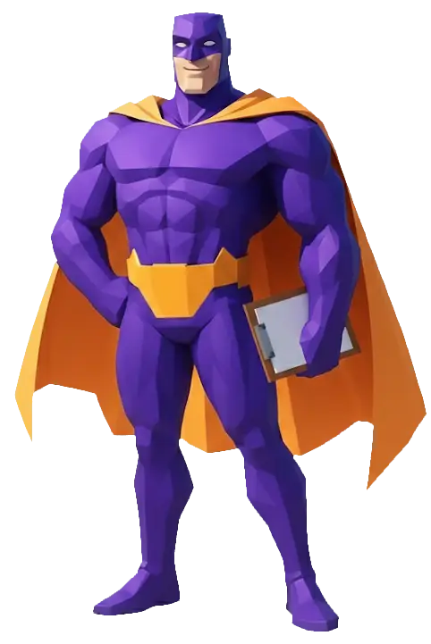 Ein stilisierter Superheld in lila Kostüm mit gelbem Umhang und einer Mappe in der Hand.