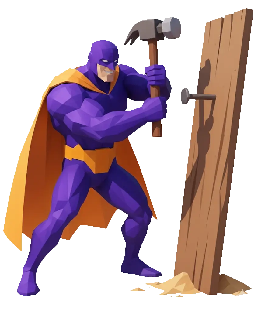 Lila Superheld mit Hammer, der einen Nagel in ein Holzbrett schlägt.