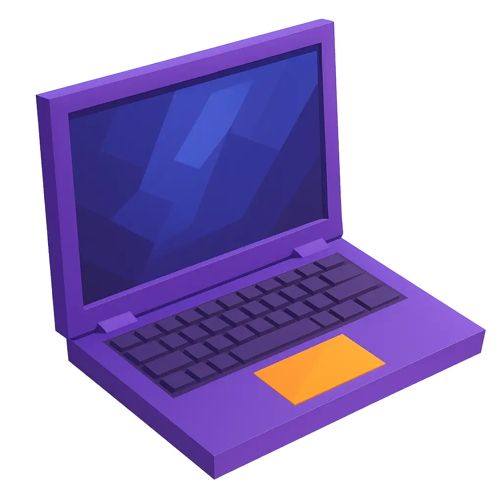 Lila Laptop mit einer blauen Bildschirmdarstellung und einer orangefarbenen Tastatur.