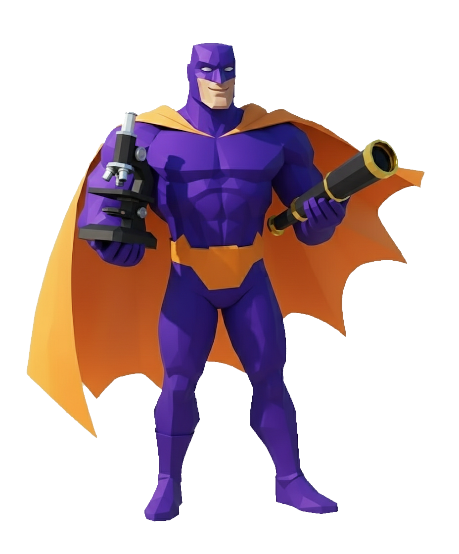 Ein Comic-Charakter in lila Kostüm mit Mikroskop und Teleskop in den Händen.