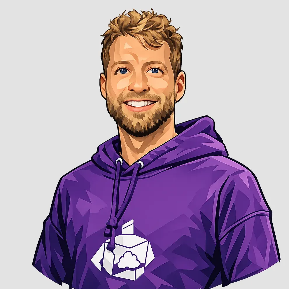 Illustration eines lächelnden Mannes mit blonden Haaren in einem lila Hoodie mit einem Wolkenlogo.