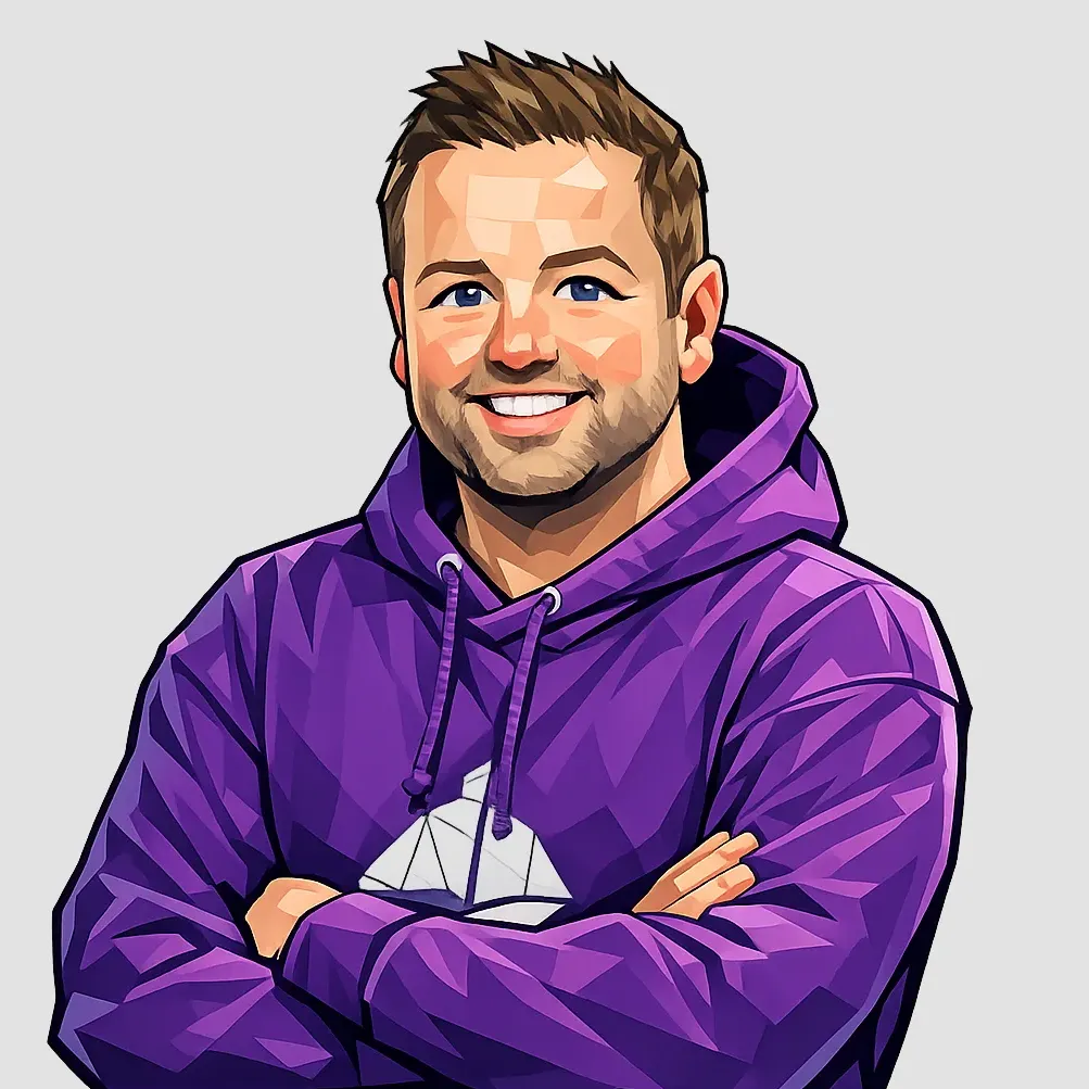 Nils in einem lila Hoodie mit verschränkten Armen, digitaler Kunststil mit klaren Linien und lebendigen Farben.