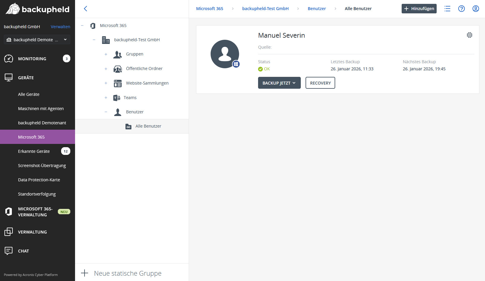 Benutzeroberfläche von Microsoft 365 mit dem Profil von Manuel Severin und Backup-Optionen.
