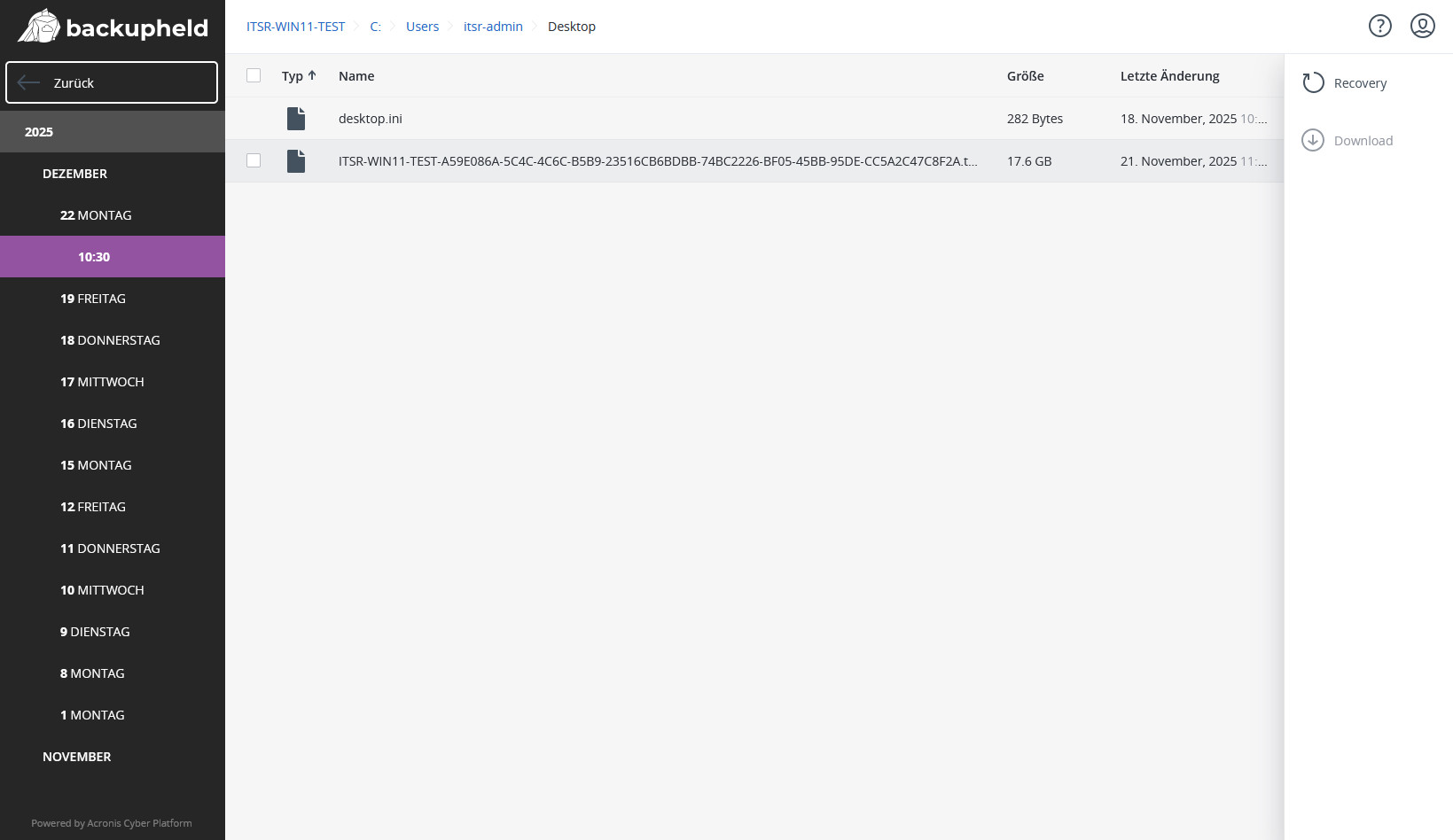Screenshot der Benutzeroberfläche von backupheld GmbH mit Dateiverwaltung und Recovery-Optionen.