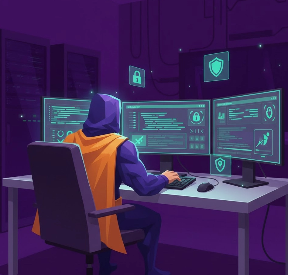 Illustration eines IT-Sicherheitsexperten, der an mehreren Monitoren mit Cyber-Sicherheitsdaten arbeitet.