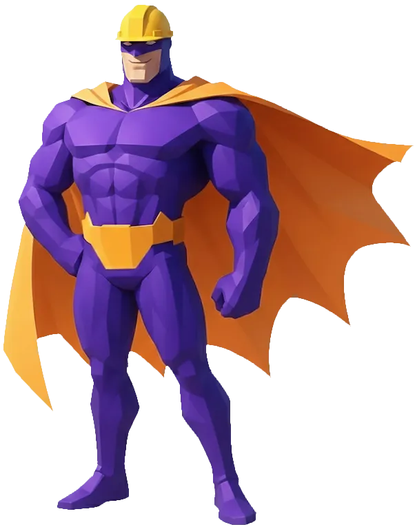 Ein stilisierter Superheld in lila und orange mit einem Helm und Umhang, der eine kraftvolle Pose einnimmt.