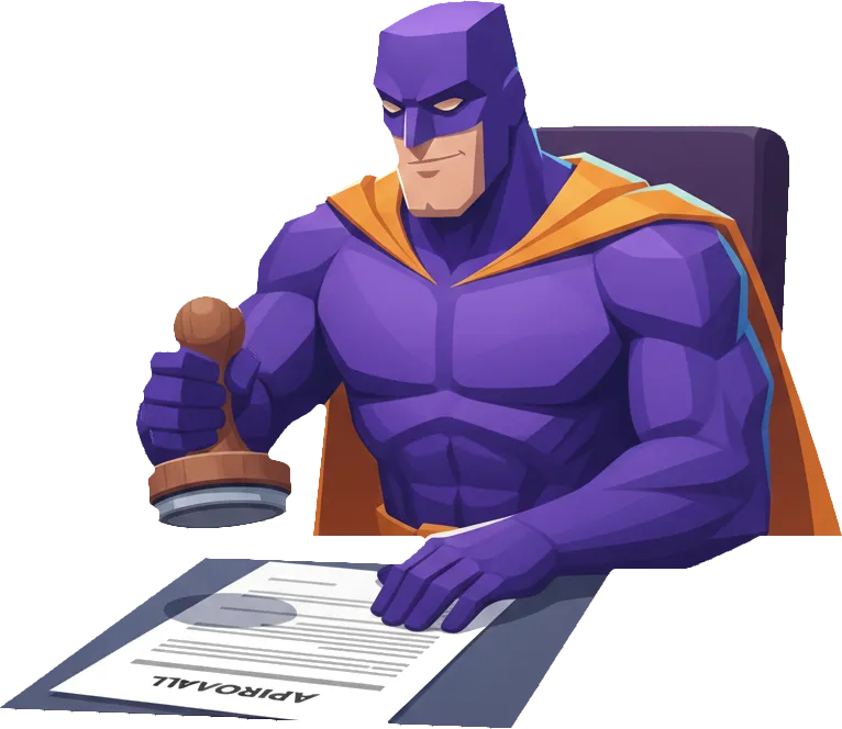 Comic-ähnlicher Charakter in lila Kostüm mit Umhang, der einen Stempel auf ein Dokument drückt.