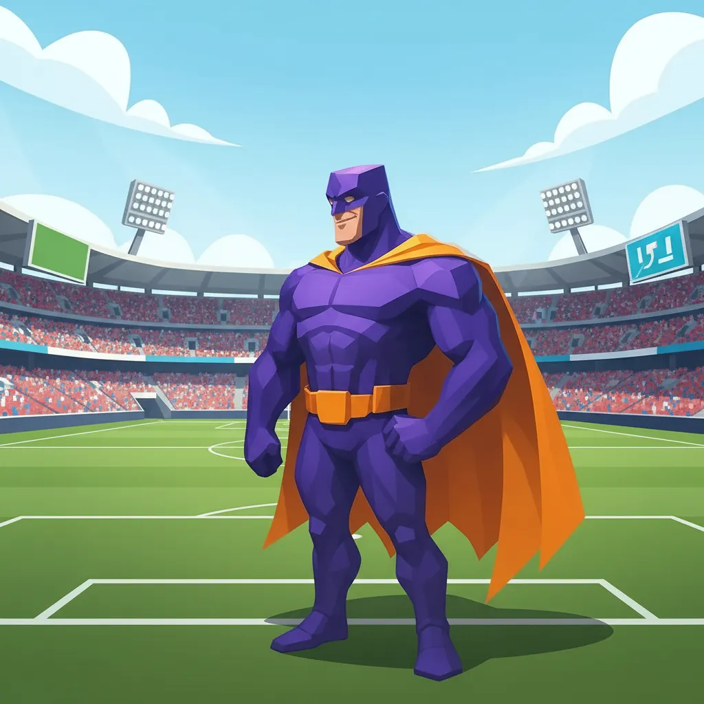 Comic-Held in lila Kostüm mit orangefarbenem Umhang, steht auf einem Fußballfeld in einem Stadion.