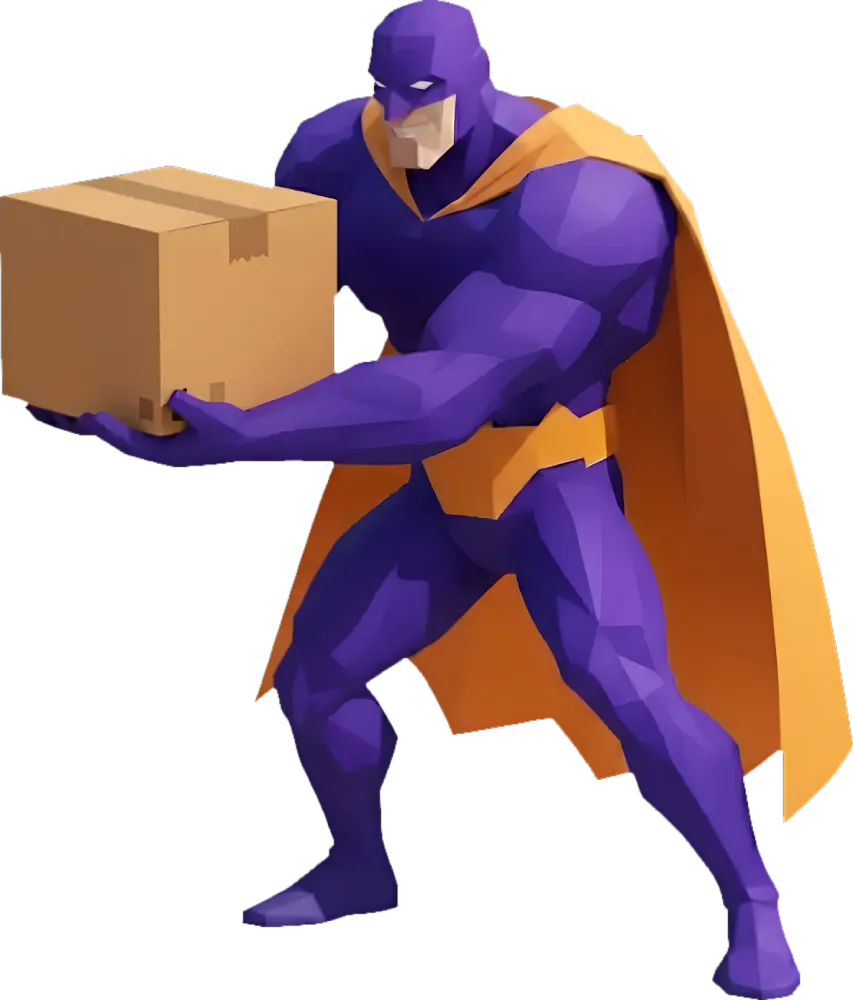 Lila Superheld mit Umhang, der eine Kiste in den Händen hält, in einem polygonalen Design.
