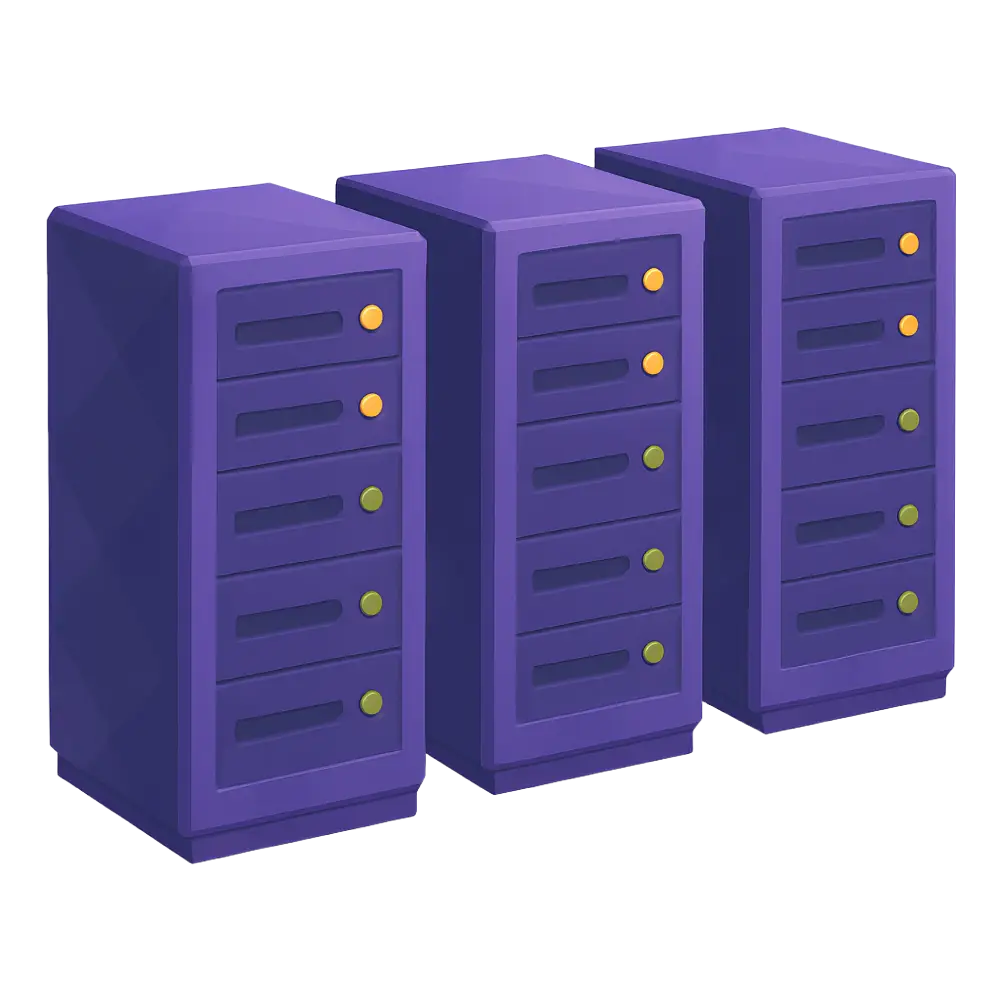 Drei violette Server mit mehreren Schubladen und leuchtenden Statusanzeigen.