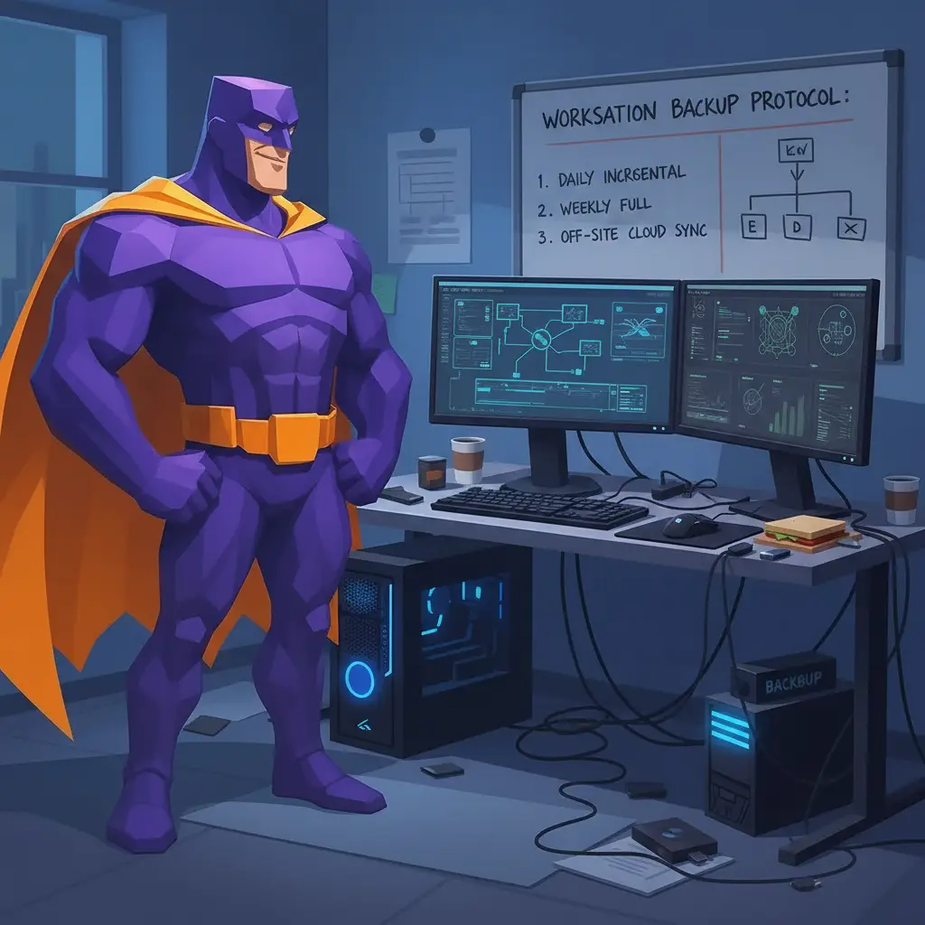 Ein Superheld in lila Kostüm mit Umhang steht vor einem Computerarbeitsplatz mit mehreren Bildschirmen und Backup-Protokoll.