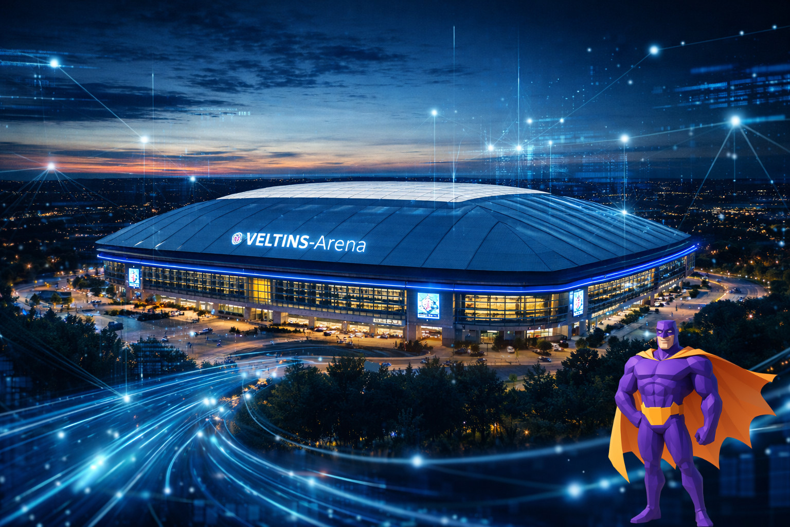 VELTINS-Arena bei Abendd&auml;mmerung mit digitalen Netzwerk- und Datenlinien als Symbol f&uuml;r IT-Security Event auf Schalke