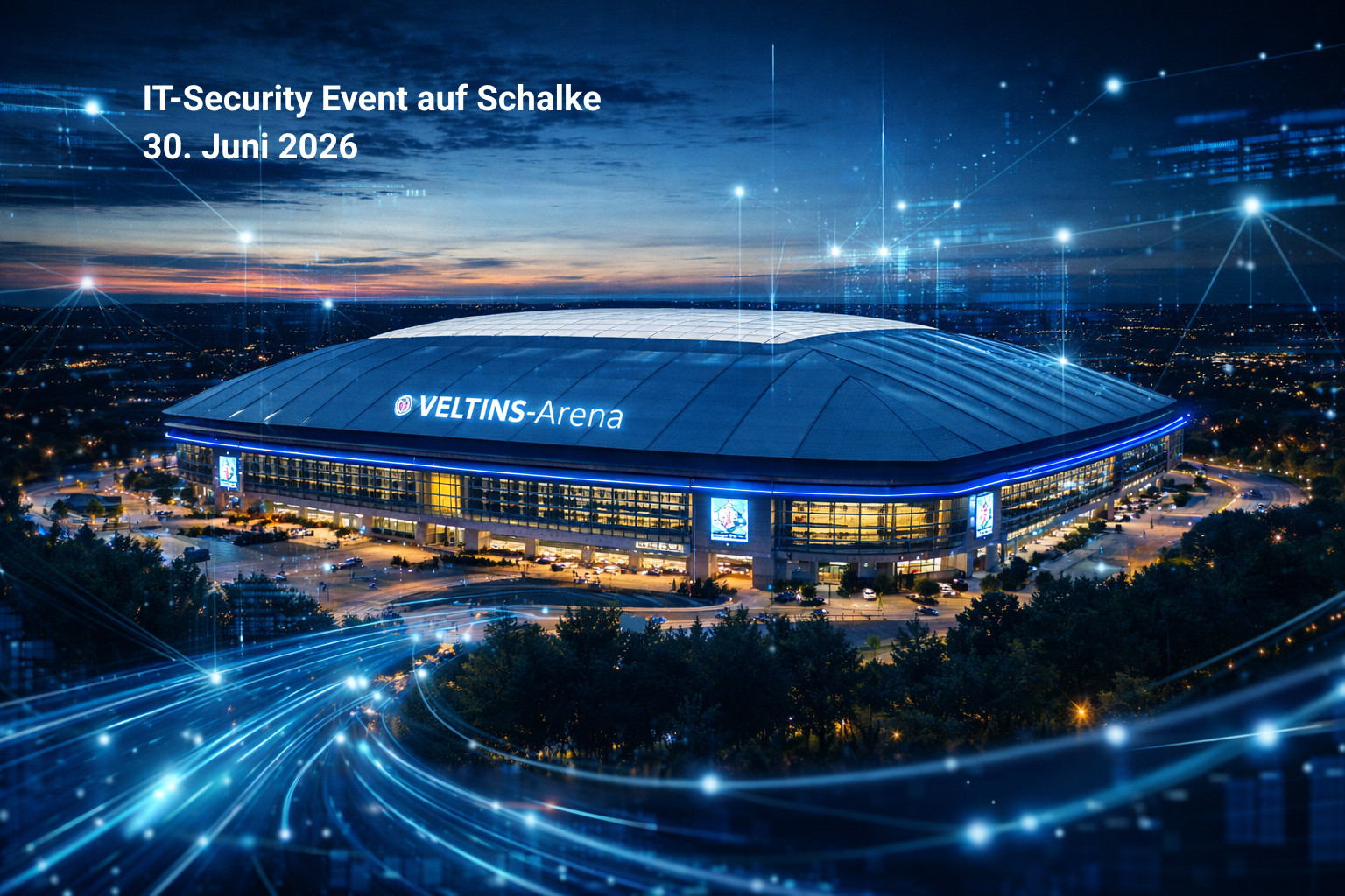 VELTINS-Arena bei Abenddämmerung mit digitalen Netzwerk- und Datenlinien als Symbol für IT-Security Event auf Schalke