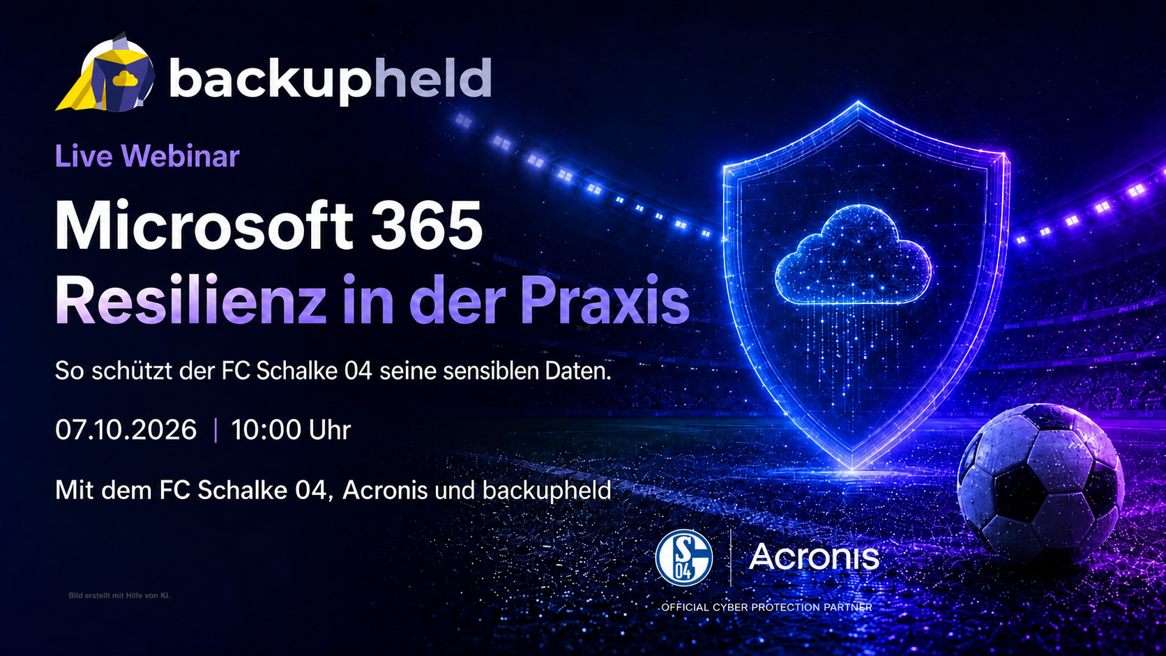 Webinar Banner „Microsoft 365 Resilienz in der Praxis“ mit digitalem Schutzschild, Fußball und Stadion. So schützt der FC Schalke 04 seine sensiblen Daten.